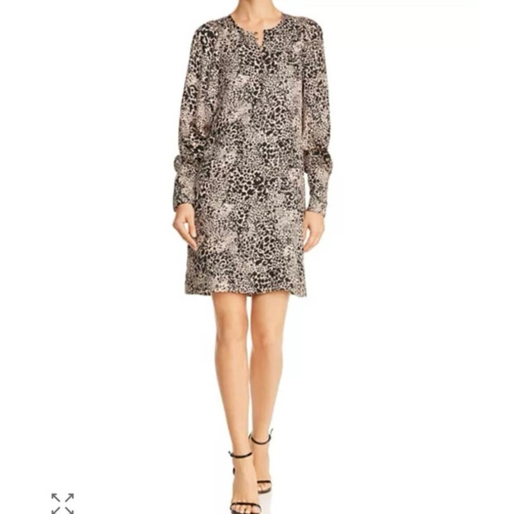 Rebecca Taylor Leopard 100% Silk A-Line Long Sleeve Button Up Shift Dress Size 8 - Picture 2 of 16